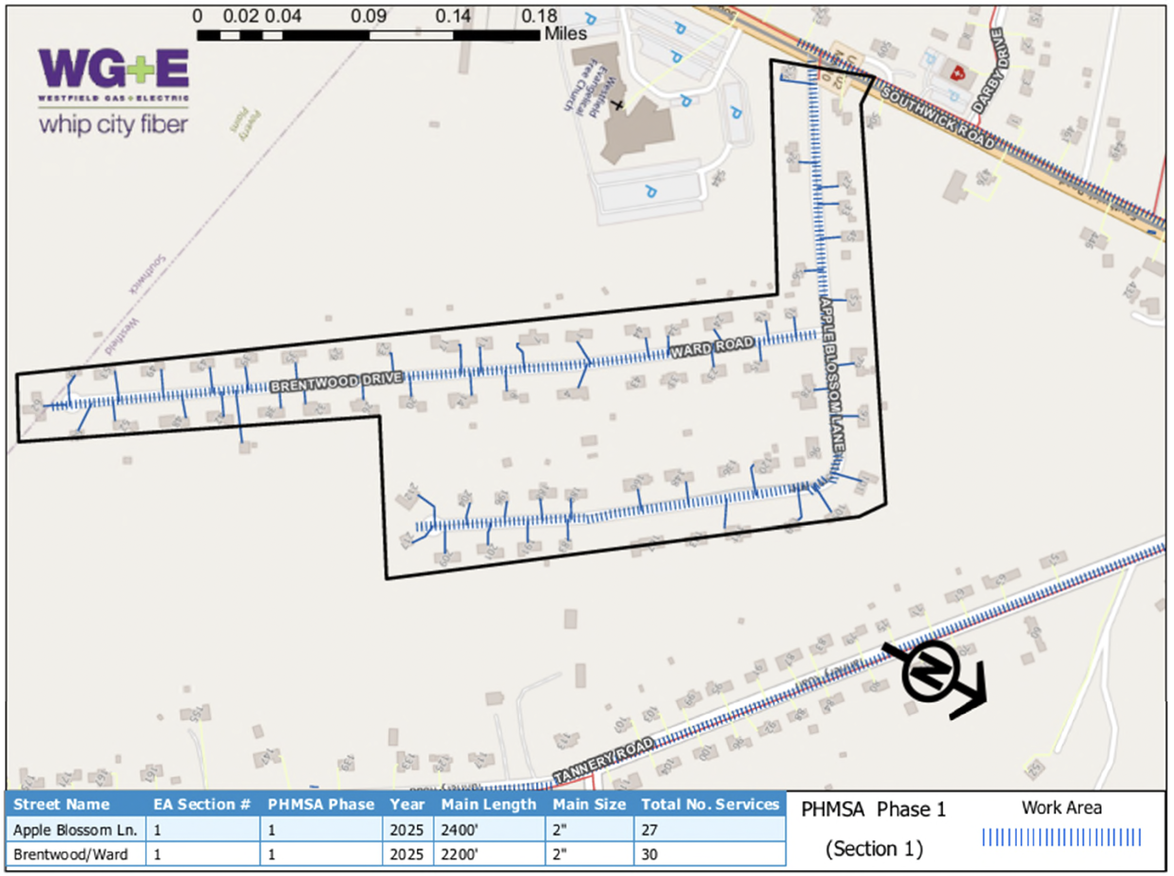 Map of Apple Blossom Lane, Ward Road, and Brentwood Drive Construction Areas